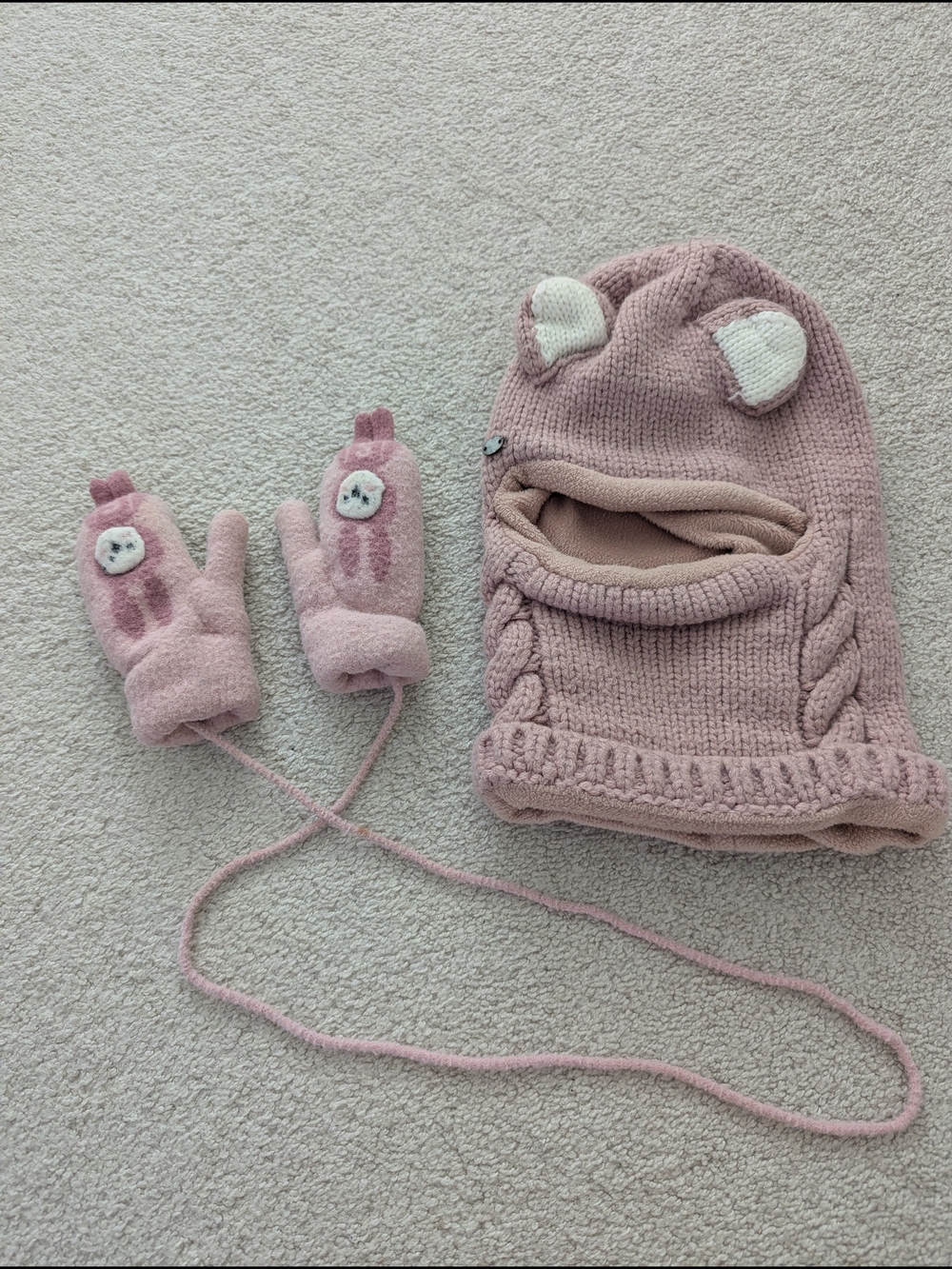 Kids Pink Knit Animal Balaclava Hat with Attached Mittens